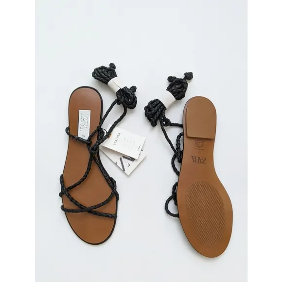 Zara Black Leather Braided Strappy Flat Sandals Size 6.5 US