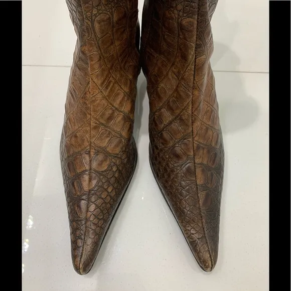 Zara Brown Croc Embossed Leather Boots size 40