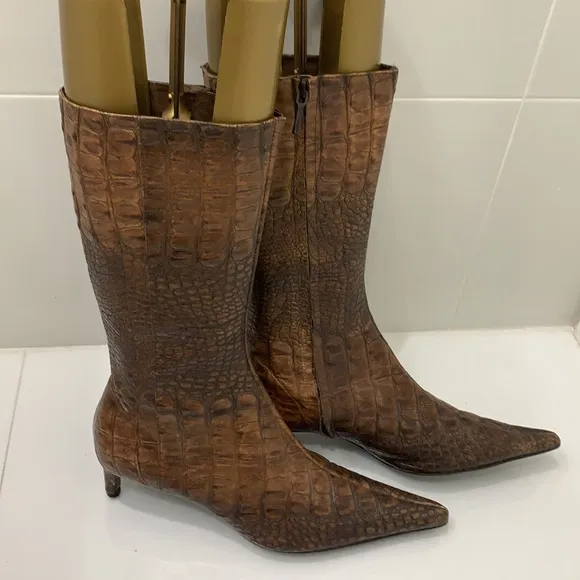 Zara Brown Croc Embossed Leather Boots size 40