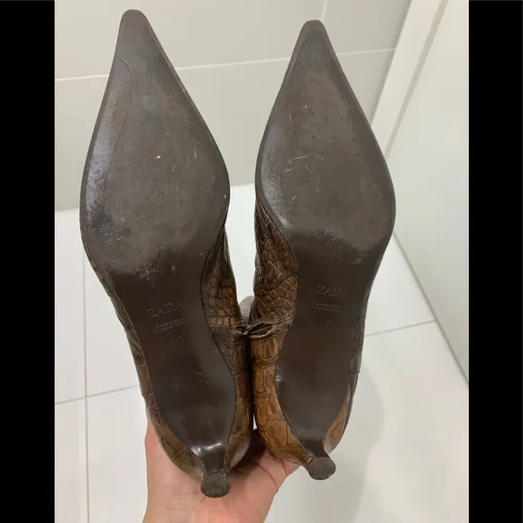 Zara Brown Croc Embossed Leather Boots size 40