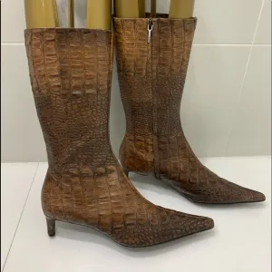 Zara Brown Croc Embossed Leather Boots size 40