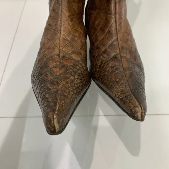 Zara Brown Croc Embossed Leather Boots size 40