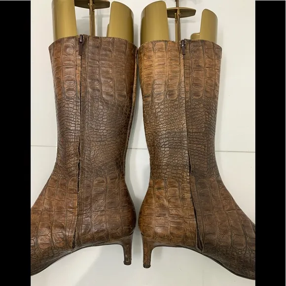 Zara Brown Croc Embossed Leather Boots size 40