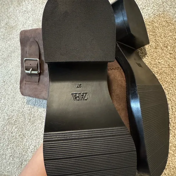 Zara Brown Suede Buckle Moto Boots