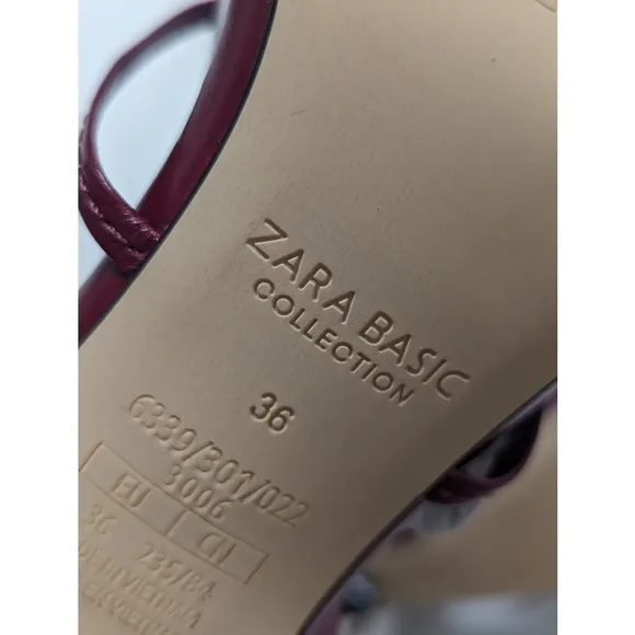 Zara Burgundy Leather Strappy High Heel Sandals Size 6
