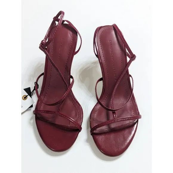 Zara Burgundy Leather Strappy High Heel Sandals Size 6