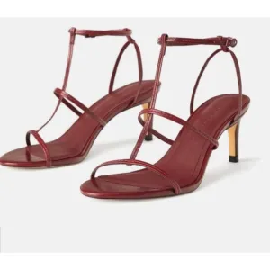 Zara Burgundy Leather Strappy High Heel Sandals Size 6