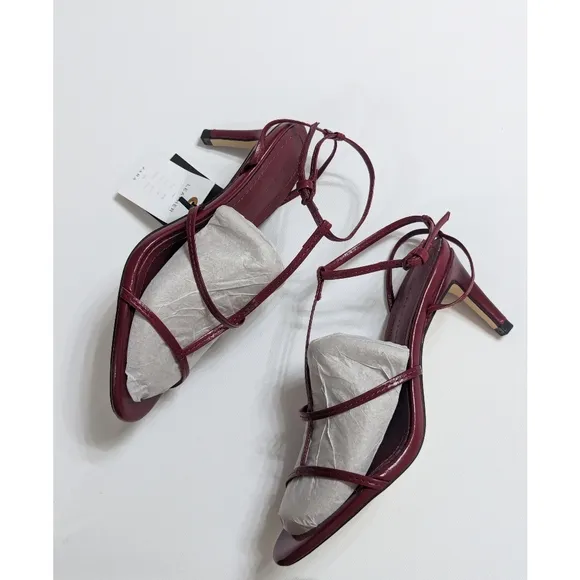 Zara Burgundy Leather Strappy High Heel Sandals Size 6