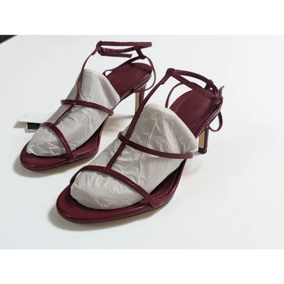 Zara Burgundy Leather Strappy High Heel Sandals Size 6