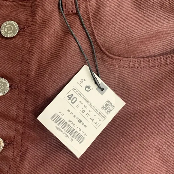Zara Coated Denim Burgundy Colored High-Waisted Button Front Shorts