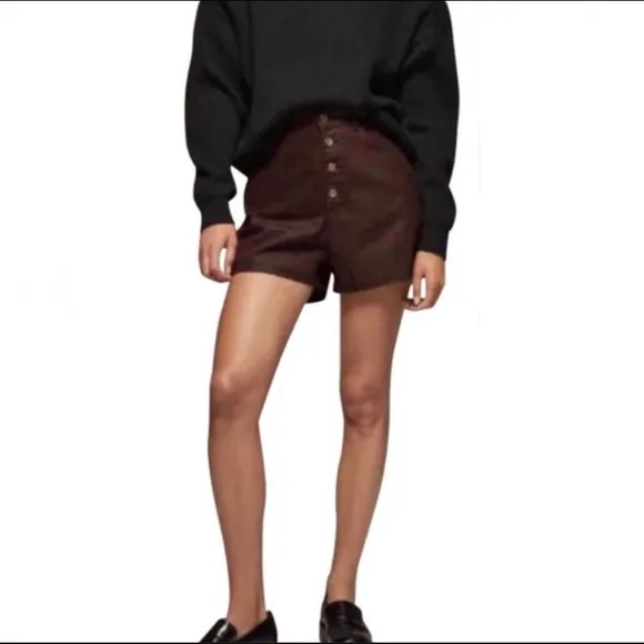 Zara Coated Denim Burgundy Colored High-Waisted Button Front Shorts