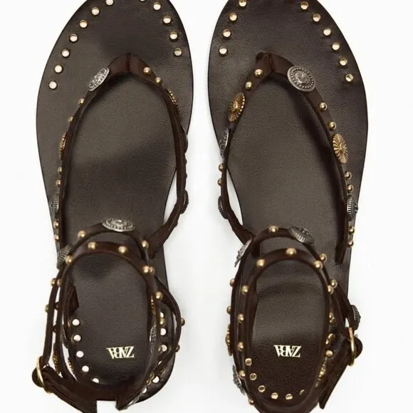ZARA EMBELLISHED FLAT LEATHER SANDALS BROWN SIZE 10 | 1613/210