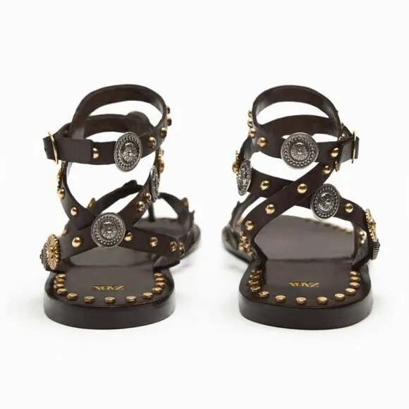 ZARA EMBELLISHED FLAT LEATHER SANDALS BROWN SIZE 10 | 1613/210
