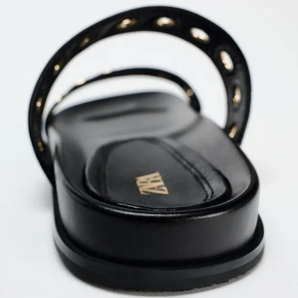 ZARA Flat Sandals W/Metallic‎ Applique Details on Straps Rounded Toe Sz 37/6.5