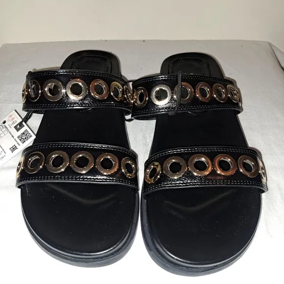 ZARA Flat Sandals W/Metallic‎ Applique Details on Straps Rounded Toe Sz 37/6.5