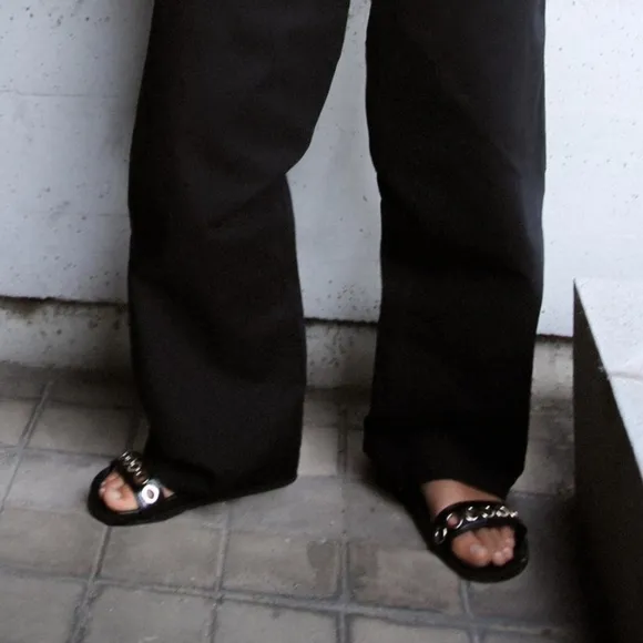 ZARA Flat Sandals W/Metallic‎ Applique Details on Straps Rounded Toe Sz 37/6.5