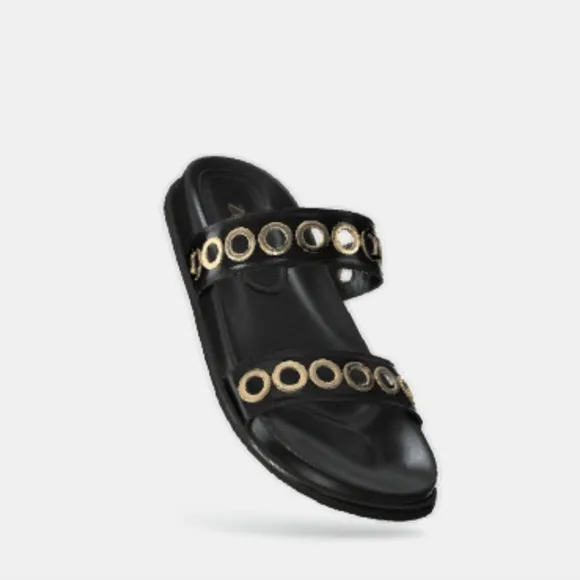 ZARA Flat Sandals W/Metallic‎ Applique Details on Straps Rounded Toe Sz 37/6.5