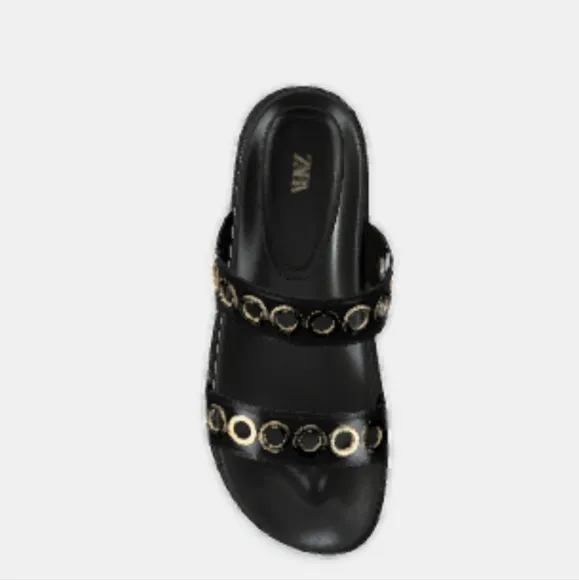 ZARA Flat Sandals W/Metallic‎ Applique Details on Straps Rounded Toe Sz 37/6.5