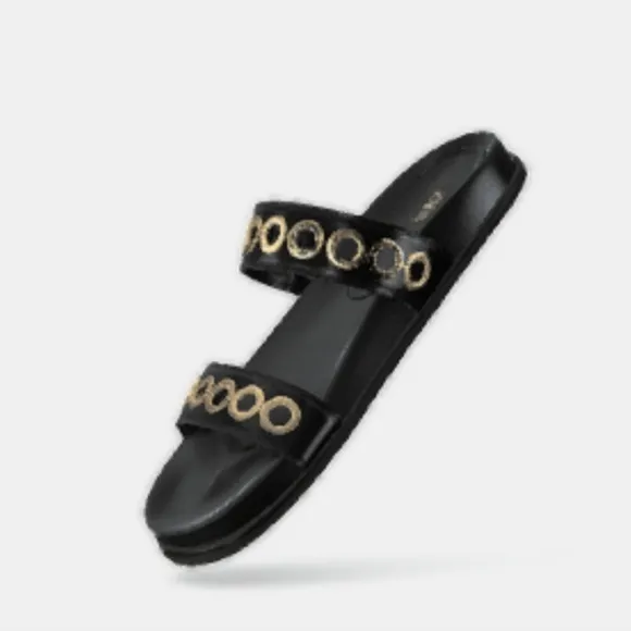 ZARA Flat Sandals W/Metallic‎ Applique Details on Straps Rounded Toe Sz 37/6.5
