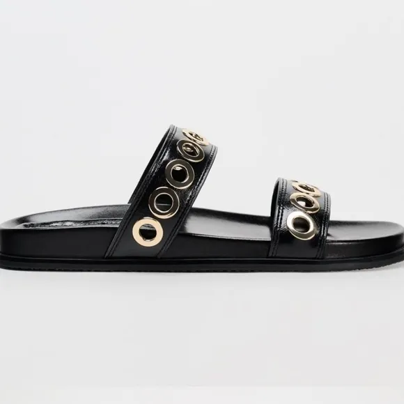 ZARA Flat Sandals W/Metallic‎ Applique Details on Straps Rounded Toe Sz 37/6.5