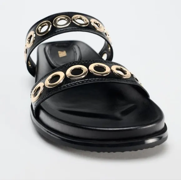 ZARA Flat Sandals W/Metallic‎ Applique Details on Straps Rounded Toe Sz 37/6.5