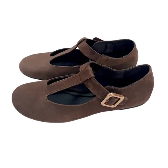 Zara Genuine Suede Leather Mary Jane Flat Ballet Brown Chocolate Sandals 40 9