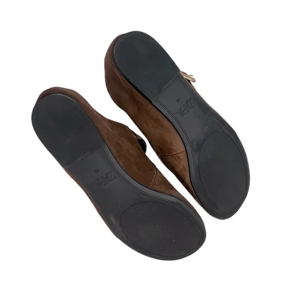 Zara Genuine Suede Leather Mary Jane Flat Ballet Brown Chocolate Sandals 40 9
