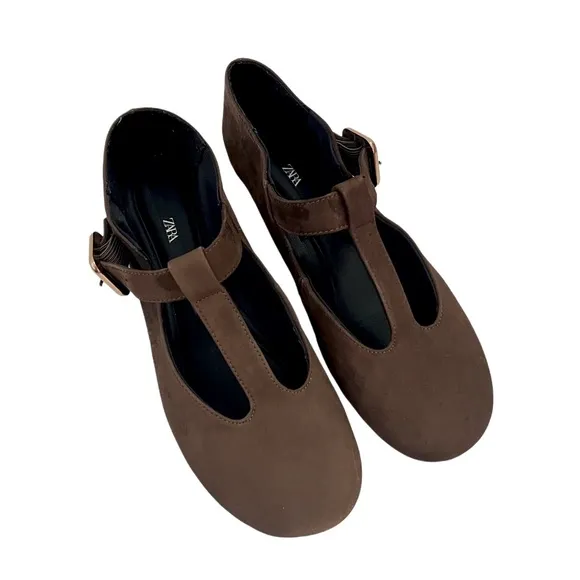 Zara Genuine Suede Leather Mary Jane Flat Ballet Brown Chocolate Sandals 40 9