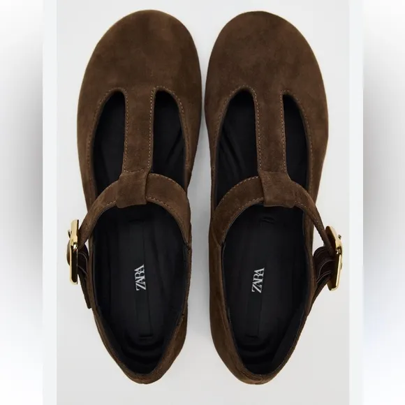 Zara Genuine Suede Leather Mary Jane Flat Ballet Brown Chocolate Sandals 40 9