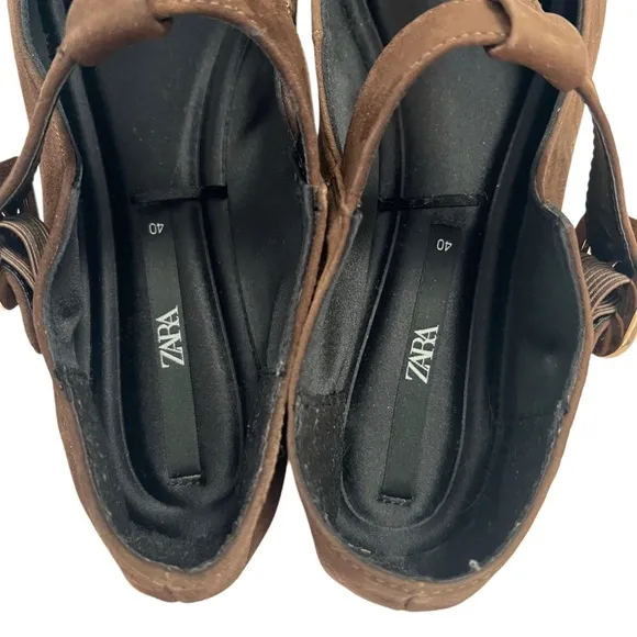 Zara Genuine Suede Leather Mary Jane Flat Ballet Brown Chocolate Sandals 40 9
