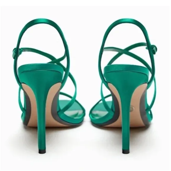 ZARA GREEN SATIN STRAPPY HIGH HEEL SANDALS 6