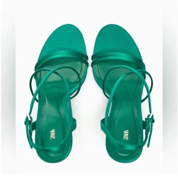 ZARA GREEN SATIN STRAPPY HIGH HEEL SANDALS 6