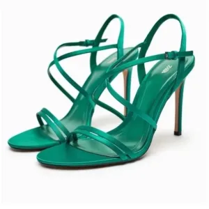 ZARA GREEN SATIN STRAPPY HIGH HEEL SANDALS 6