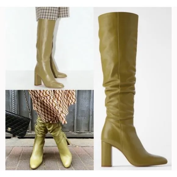 Zara High Leg Over the Knee Leather Block Heel Boots Khaki Sage Sz 6 New