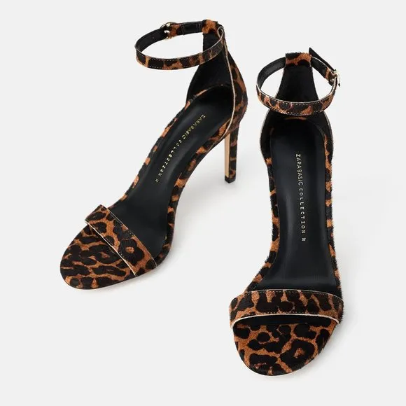 ZARA LEOPARD ANIMAL PRINT 100% LEATHER HIGH HEEL SANDALS NEW WITH TAGS US 7.5