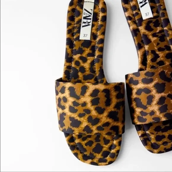 ZARA LEOPARD Satin Animal PRINT FLAT SANDALS