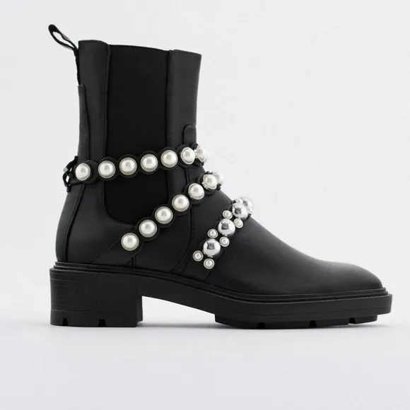 ZARA PEARL STRAP LOW HEELED LEATHER ANKLE BOOTS