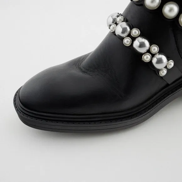 ZARA PEARL STRAP LOW HEELED LEATHER ANKLE BOOTS