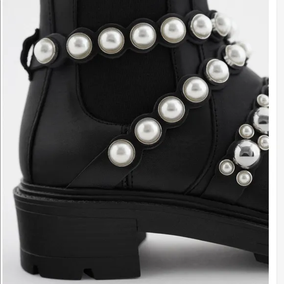 ZARA PEARL STRAP LOW HEELED LEATHER ANKLE BOOTS