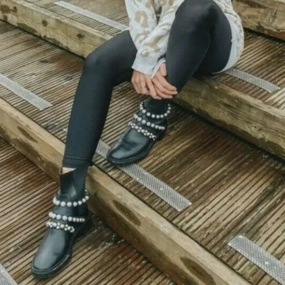 ZARA PEARL STRAP LOW HEELED LEATHER ANKLE BOOTS