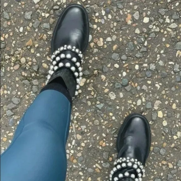 ZARA PEARL STRAP LOW HEELED LEATHER ANKLE BOOTS