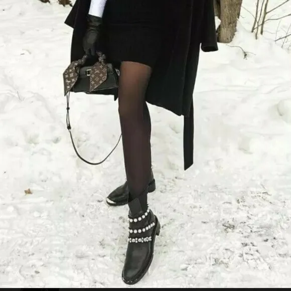 ZARA PEARL STRAP LOW HEELED LEATHER ANKLE BOOTS