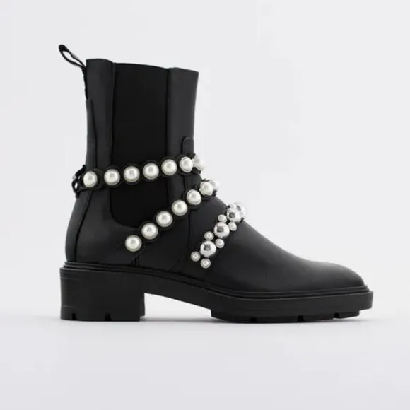 ZARA PEARL STRAP LOW HEELED LEATHER ANKLE BOOTS