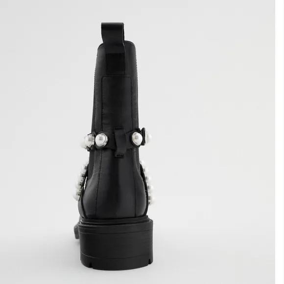 ZARA PEARL STRAP LOW HEELED LEATHER ANKLE BOOTS
