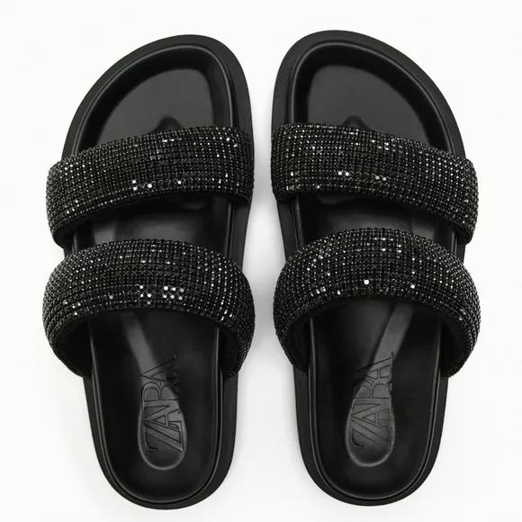 Zara Rhinestone Flat Sandals Size 10