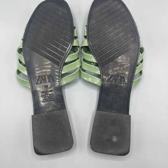 Zara Sandals Womens Size 9 Green Slides Strappy Patent Flat Heel Slip On