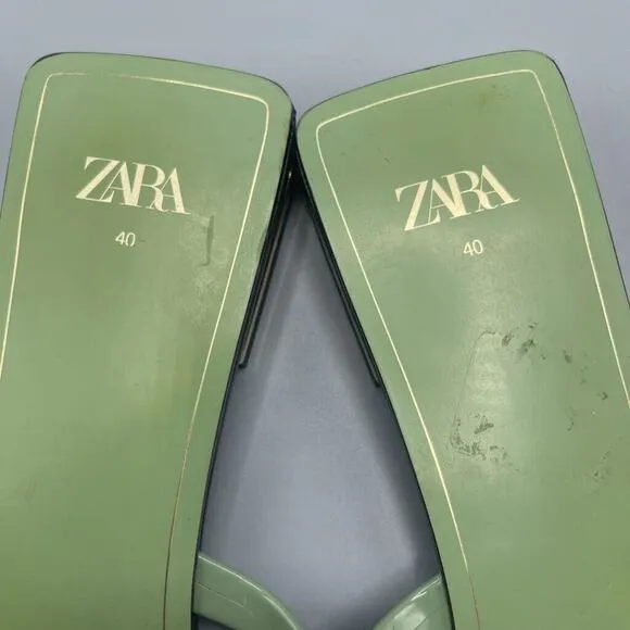 Zara Sandals Womens Size 9 Green Slides Strappy Patent Flat Heel Slip On