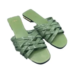 Zara Sandals Womens Size 9 Green Slides Strappy Patent Flat Heel Slip On