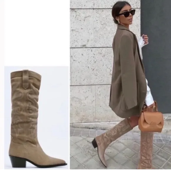 ZARA Split Leather Cowboy Boots