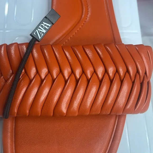 Zara summer sandals, leather with open toe, sexy with flat heel in orange,size 9